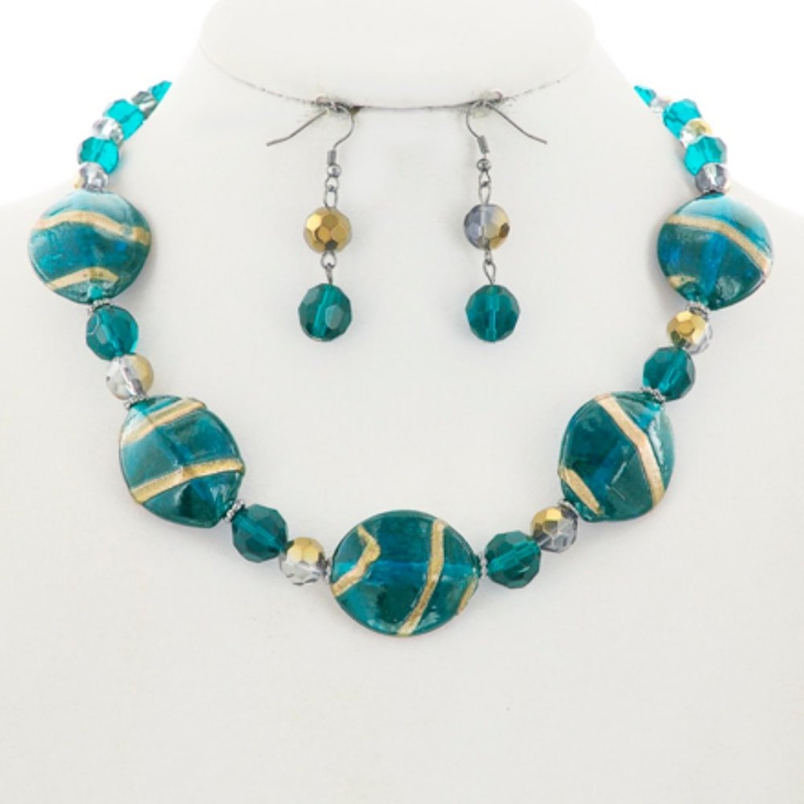 Hematite Tone Teal & Clear Acrylic Necklace & Earring Set